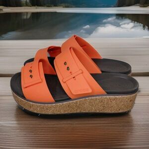 Crocs Women's Size 9 Brooklyn Cork Wedges Orange/ Brown Buckle Sandals Shoes